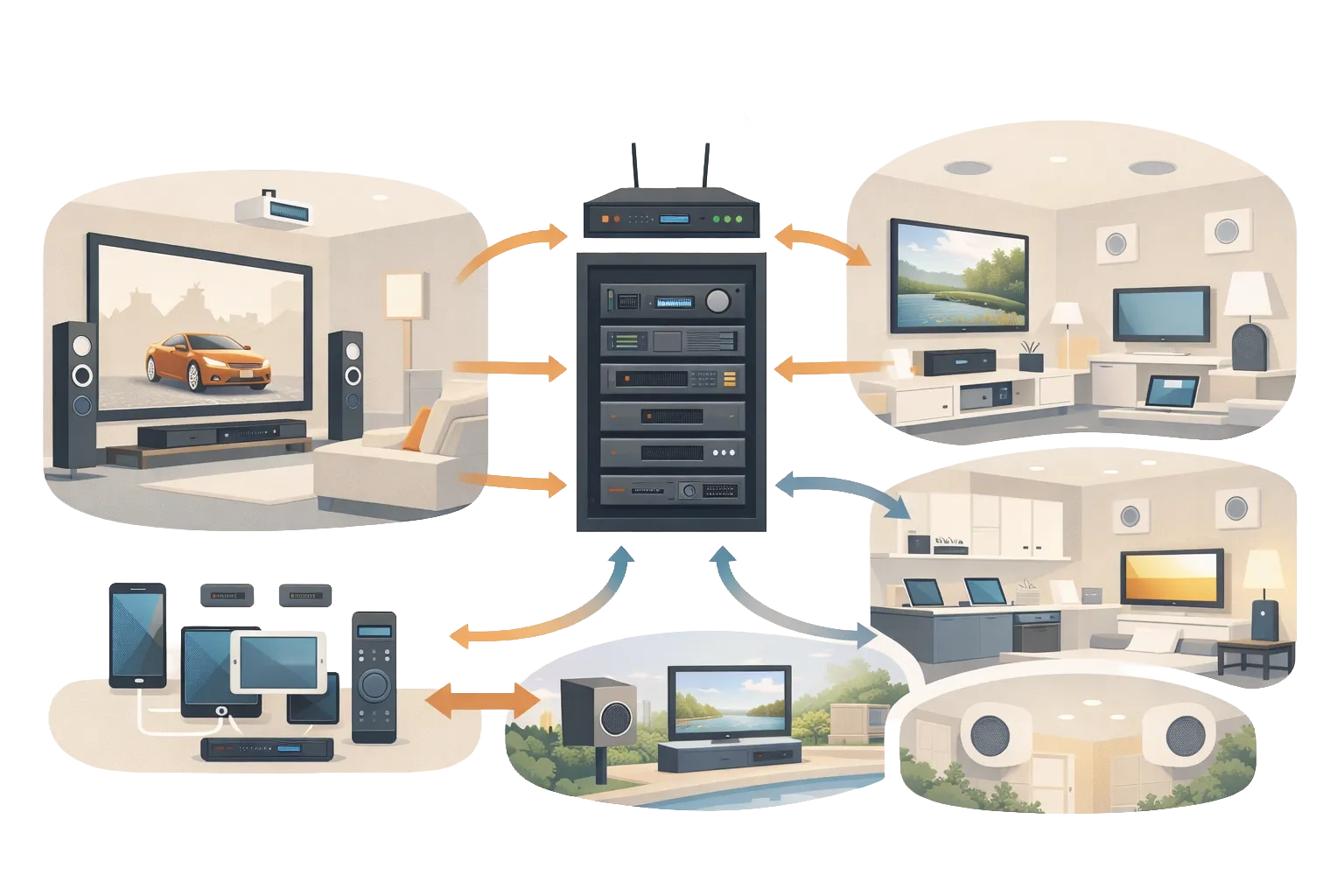 Integrazione AV TVproiettore, audio, streaming e zone multiroom in un ecosistema coerente.